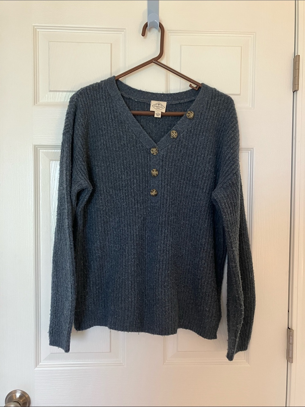 St. John's Bay Ribbed V-Neck Button Pullover - Charcoal Gray